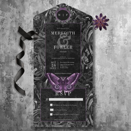 Dark Gothic Black  Purple Filigree Moth No Dinner All In One Invitation