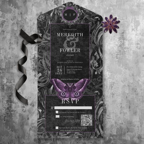 Dark Gothic Black  Purple Filigree Moth QR Code All In One Invitation
