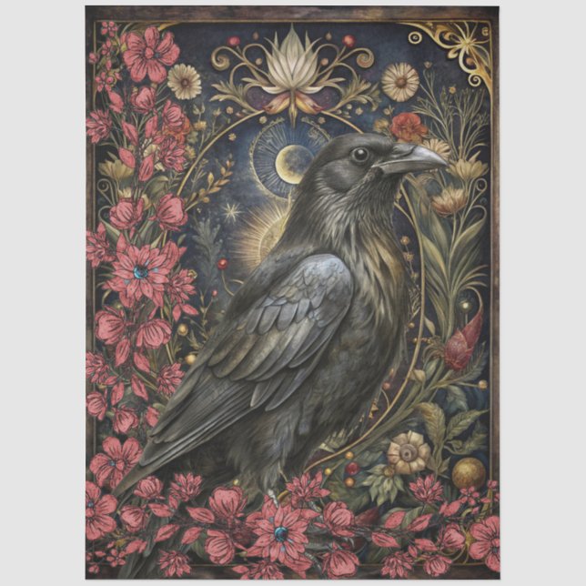 Dark Gothic Black Raven Floral Abstract Collage Tissue Paper (Front)