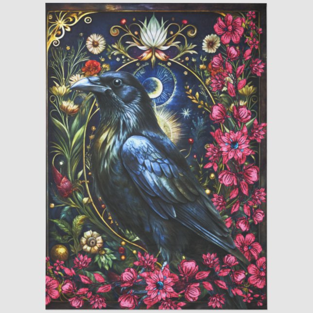 Dark Gothic Black Raven Floral Abstract Collage Tissue Paper (Front)