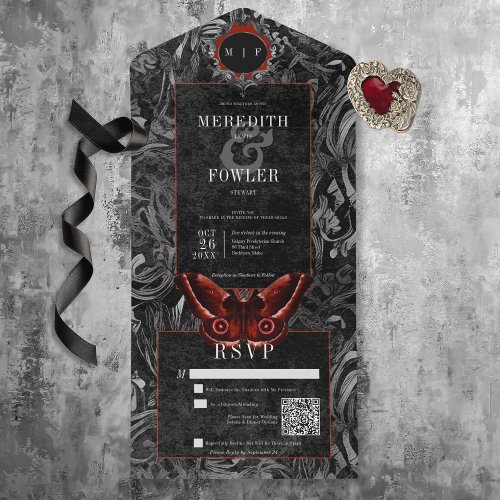 Dark Gothic Black  Red Filigree Moth QR Code All In One Invitation