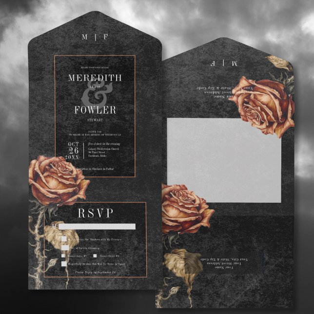 Dark Gothic Black & Rust Rose Dinner All In One Invitation (Dark Gothic Black & Rust Rose All In One Wedding Invitation with Dinner Options)