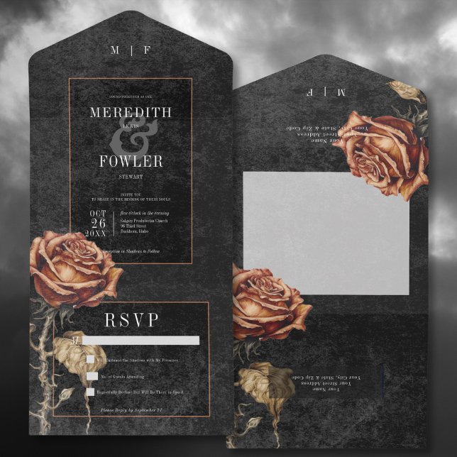 Dark Gothic Black & Rust Rose No Dinner All In One Invitation (Dark Gothic Black & Rust Rose All In One Wedding Invitation without Dinner Options)