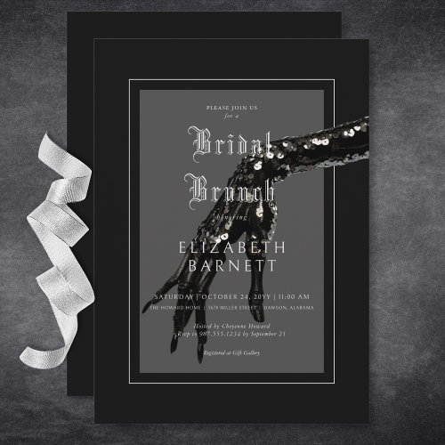 Dark Gothic Black Sequin Hand Bridal Brunch Invitation
