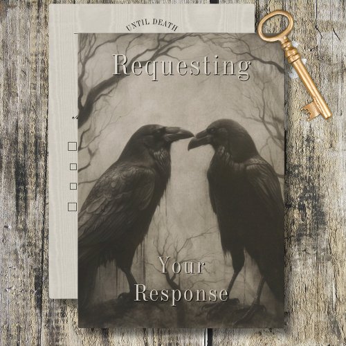 Dark Gothic Black  Tan Raven Couple Dinner RSVP Card