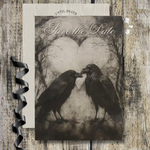 Dark Gothic Black  Tan Raven Script Wedding Save The Date