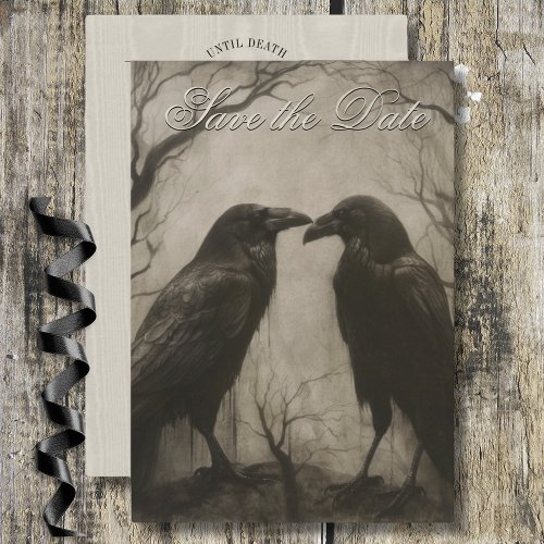Dark Gothic Black  Tan Raven Script Wedding Save The Date