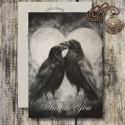 Dark Gothic Black  Tan Raven Script Wedding Thank You Card