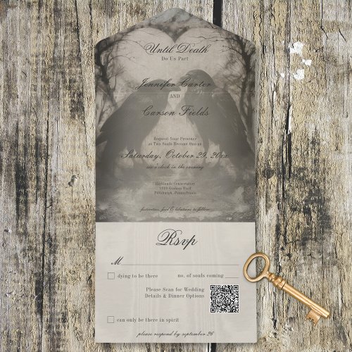 Dark Gothic Black  Tan Raven Wedding QR Code All In One Invitation