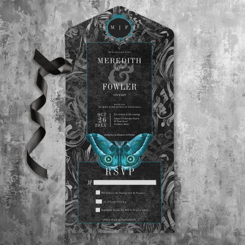 Dark Gothic Black  Teal Filigree Moth No Dinner All In One Invitation