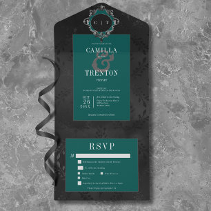 Dark Gothic Black & Teal Floral Satin Dinner All In One Invitation