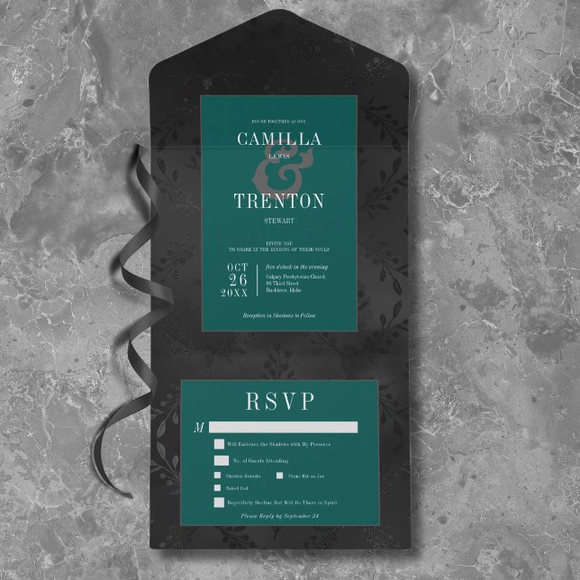 Dark Gothic Black & Teal Floral Satin Dinner All In One Invitation (Creator Uploaded)