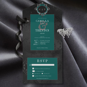 Dark Gothic Black & Teal Floral Satin Dinner All In One Invitation