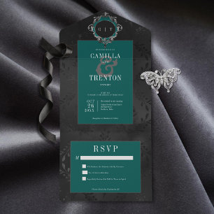 Dark Gothic Black & Teal Floral Satin No Dinner All In One Invitation