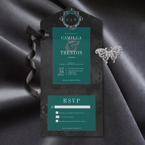 Dark Gothic Black  Teal Floral Satin No Dinner All In One Invitation