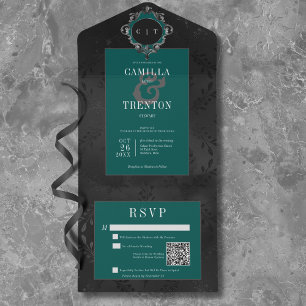 Dark Gothic Black & Teal Floral Satin QR Code All In One Invitation