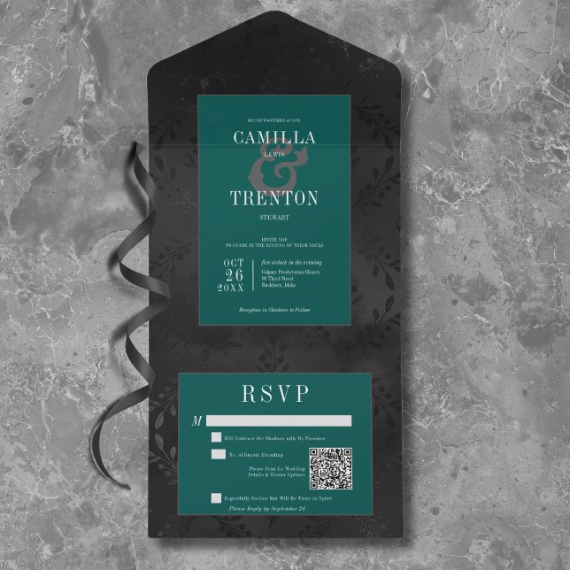 Dark Gothic Black & Teal Floral Satin QR Code All In One Invitation (Creator Uploaded)