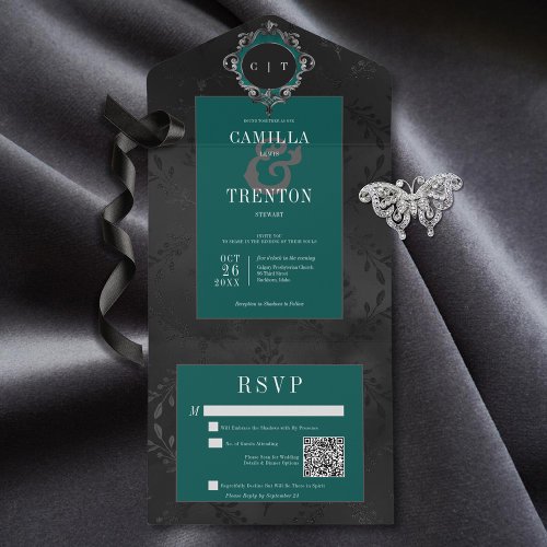 Dark Gothic Black  Teal Floral Satin QR Code All In One Invitation