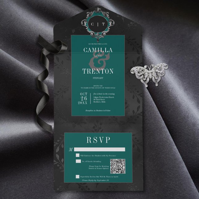 Dark Gothic Black & Teal Floral Satin QR Code All In One Invitation (Also available without a QR code; with or without dinner selection options.)