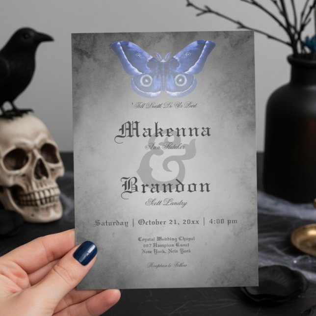 Dark Gothic Black Watercolor Blue Moth Wedding Invitation (Creator Uploaded)