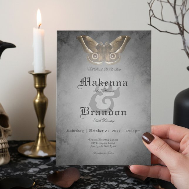 Dark Gothic Black Watercolor Brown Moth Wedding Invitation (Creator Uploaded)