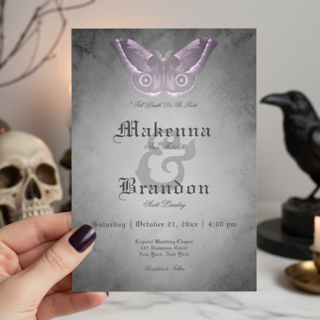 Dark Gothic Black Watercolor Purple Moth Wedding Invitation (Creator Uploaded)