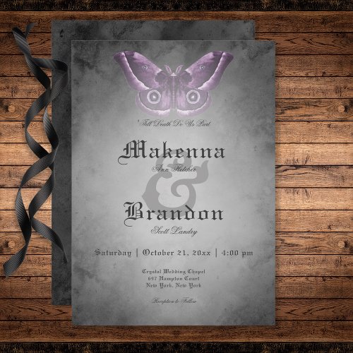 Dark Gothic Black Watercolor Purple Moth Wedding Invitation