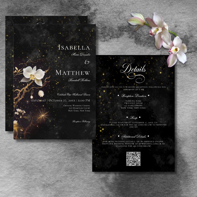 Dark Gothic Black & White Orchid Spells Two Sided Invitation (Dark Gothic Black & White Orchid Spells All In One Invitation)