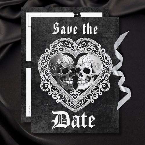 Dark Gothic Black  White Skull Couple Heart Announcement Postcard