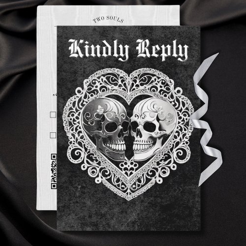 Dark Gothic Black  White Skull Couple Heart RSVP Card