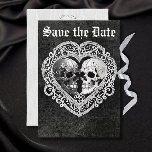 Dark Gothic Black  White Skull Couple Heart Save The Date