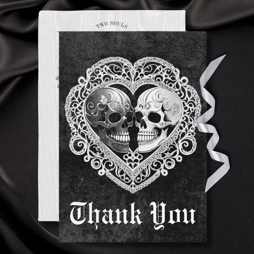 Dark Gothic Black  White Skull Couple Heart Thank You Card
