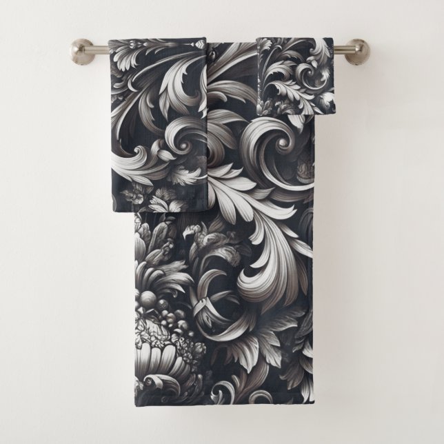 Dark Gothic Bold Ornamental Floral Pattern  Bath Towel Set (Insitu)