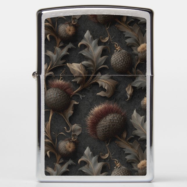 Dark Gothic Botanical Thistle Seamless Pattern Zippo Lighter (Front)