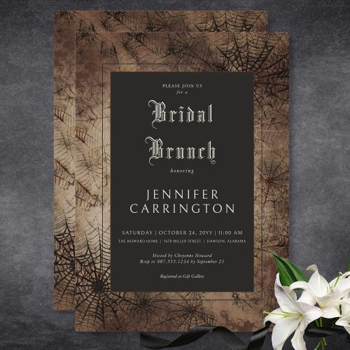 Dark Gothic Brown  Black Spider Web Bridal Brunch Invitation