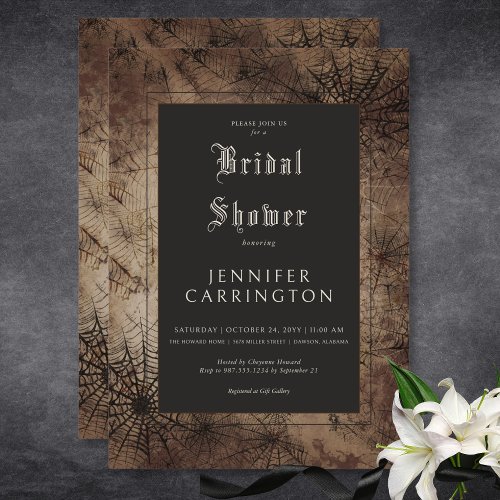 Dark Gothic Brown  Black Spider Web Bridal Shower Invitation