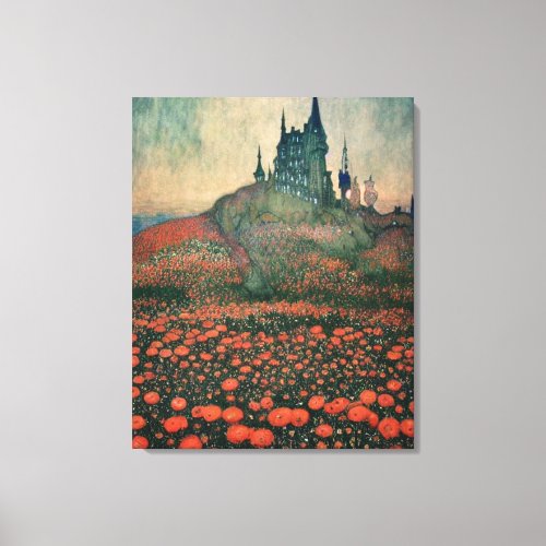 Dark Gothic Castle Surrounded By Red Poppy Flowers Canvas Print