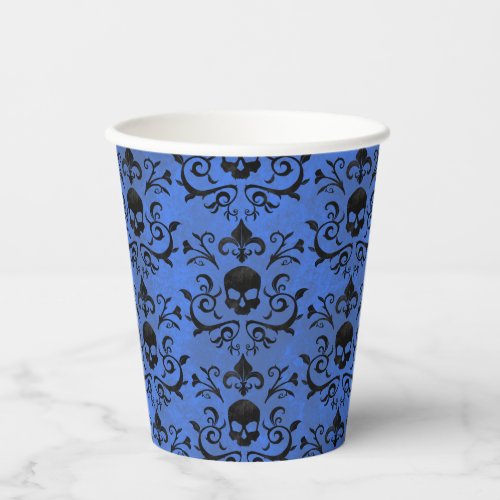 Dark Gothic Damask Floral Skull Black and Blue Paper Cups