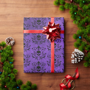 Dark Gothic Damask Floral Skull (Black and Purple) Wrapping Paper