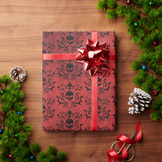 Dark Gothic Damask Floral Skull (Black and Red) Wrapping Paper
