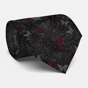 Dark Gothic Damask Seamless Pattern with Roses Neck Tie