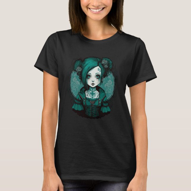 Dark Gothic Doll Chibi Style Roses Turquoise Tone T-Shirt (Front)