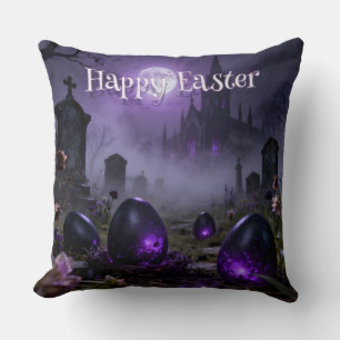 Dark Gothic Easter Scene with Glowing Eggs Throw Pillow