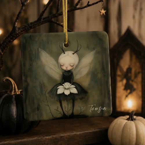 Dark Gothic Fairy with Flower Custom Name &amp; Year Ceramic Ornament