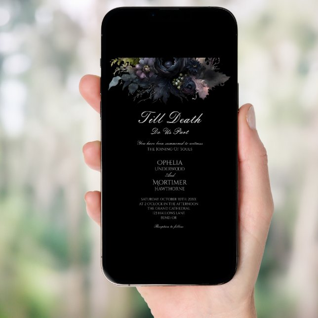 Dark Gothic Floral Black Till Death Formal Wedding Invitation (Front Digital)