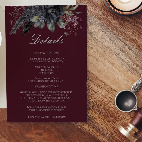 Dark Gothic Floral Burgundy Formal Wedding Details Enclosure Card