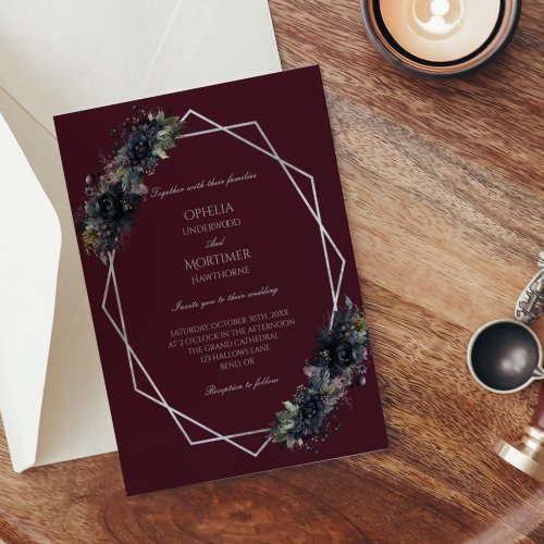 Dark Gothic Floral Burgundy Geometric Wedding Invitation