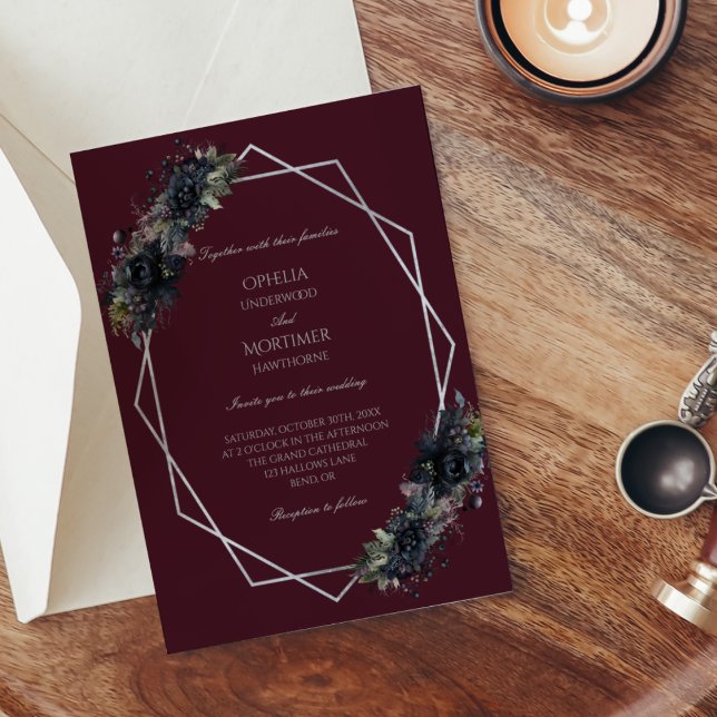 Dark Gothic Floral Burgundy Geometric Wedding Invitation (Creator Uploaded)