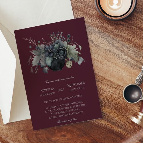 Dark Gothic Floral Burgundy Vintage Wedding Invitation