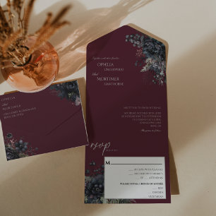 Dark Gothic Floral Burgundy Wedding All In One Invitation
